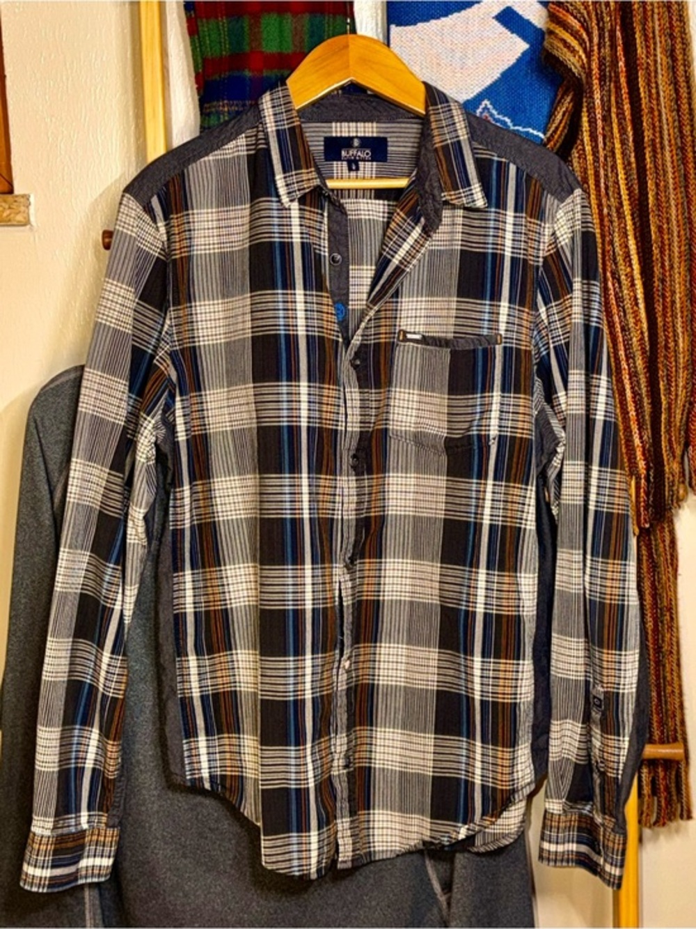 EUC Buffalo by David Bitton Navy, Gray & Orange Plaid Button-Down Shirt